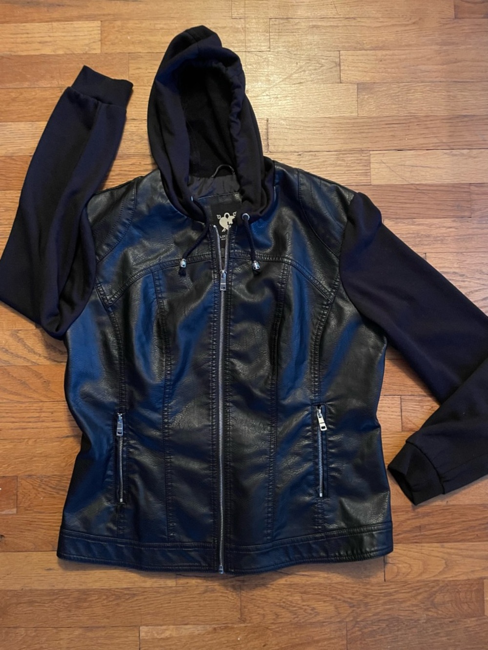 Women's Black Faux Leather Hoodie Jacket with Knit Sleeves - Modern Zip Front